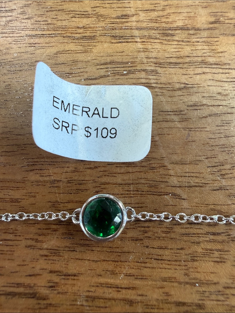 Silver Chain Bracelet with Emerald Green Round Stone